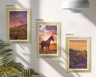 Mountain landscapes with horses and lavender fields framed triptych