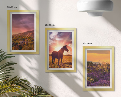 Framed triptych Mountain landscapes with horses and lavender fields