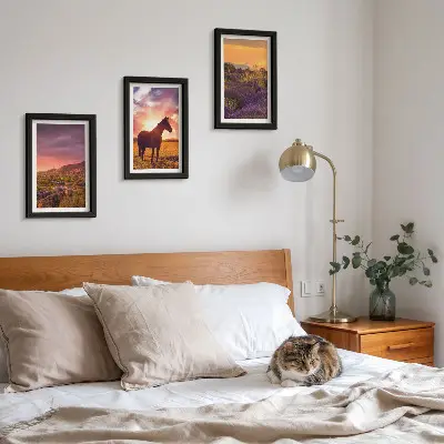 Mountain landscapes with horses and lavender fields framed triptych