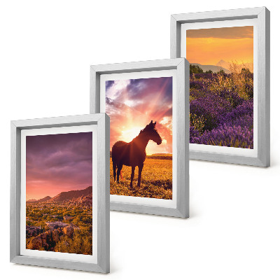 Framed triptych Mountain landscapes with horses and lavender fields