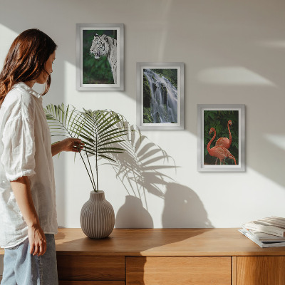 Framed triptych Tiger waterfall and pink flamingos in nature