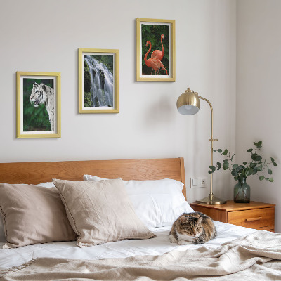 Framed triptych Tiger waterfall and pink flamingos in nature