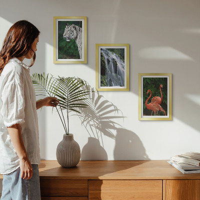 Framed triptych Tiger waterfall and pink flamingos in nature