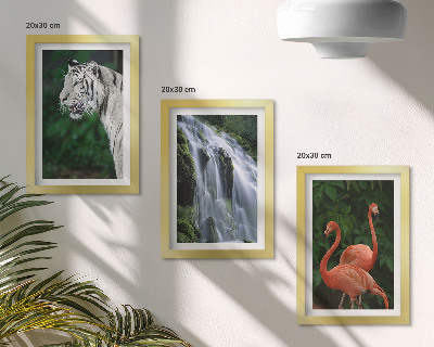 Framed triptych Tiger waterfall and pink flamingos in nature