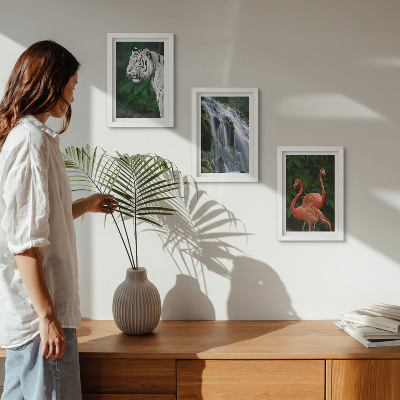 Framed triptych Tiger waterfall and pink flamingos in nature
