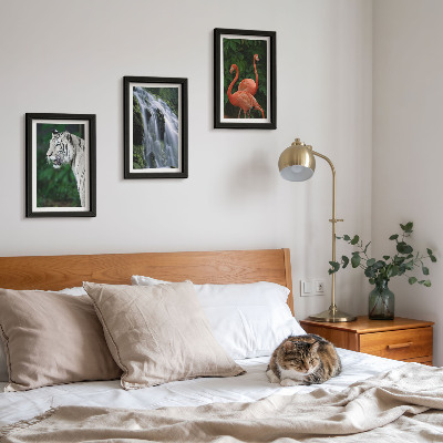 Framed triptych Tiger waterfall and pink flamingos in nature