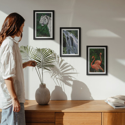 Framed triptych Tiger waterfall and pink flamingos in nature