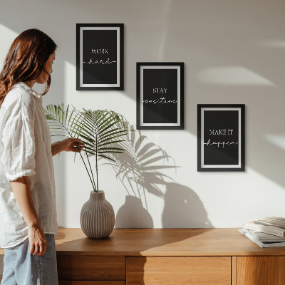 Framed triptych Elegant motivational slogans on a black background