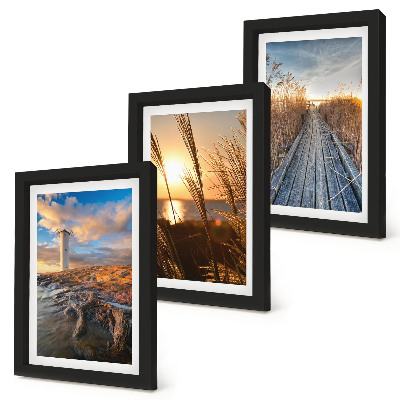 3-piece wall art set View of the lighthouse by the sea, grass and a wooden pier
