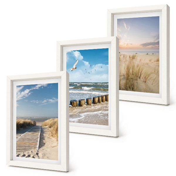 Photo frame wall Beach with sand, waves, sky and birds in flight
