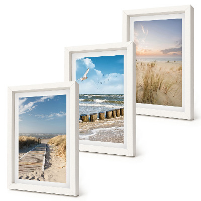 Photo frame wall Beach with sand, waves, sky and birds in flight