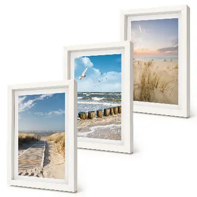 Photo frame wall featuring a beach with sand, waves, sky, and birds in flight