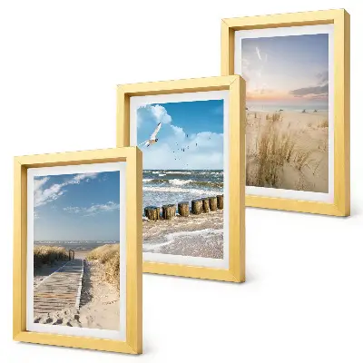 Photo frame wall featuring a beach with sand, waves, sky, and birds in flight