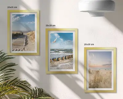 Photo frame wall featuring a beach with sand, waves, sky, and birds in flight