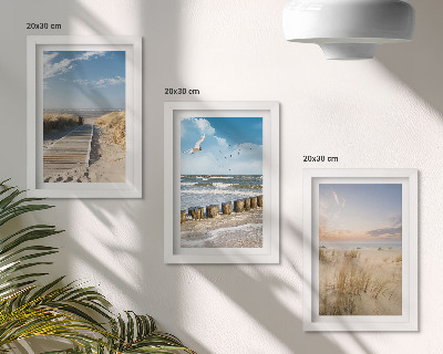 Photo frame wall Beach with sand, waves, sky and birds in flight