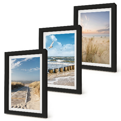 Photo frame wall Beach with sand, waves, sky and birds in flight