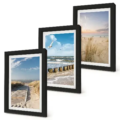 Photo frame wall featuring a beach with sand, waves, sky, and birds in flight