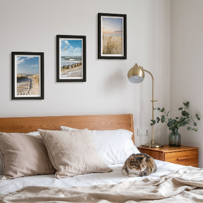 Photo frame wall Beach with sand, waves, sky and birds in flight
