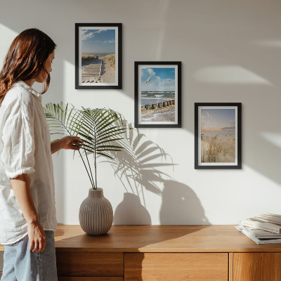 Photo frame wall Beach with sand, waves, sky and birds in flight