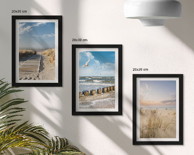 Photo frame wall Beach with sand, waves, sky and birds in flight