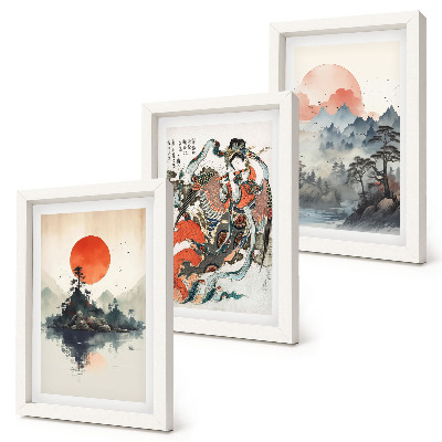 Framed triptych Asian landscape paintings and portraits in the Japandi style