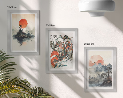 Framed triptych Asian landscape paintings and portraits in the Japandi style