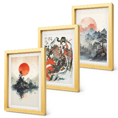 Framed triptych Asian landscape paintings and portraits in the Japandi style
