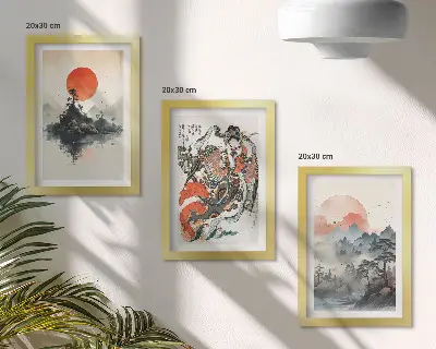 Japandi style Asian landscape and portrait triptych framed wall art set