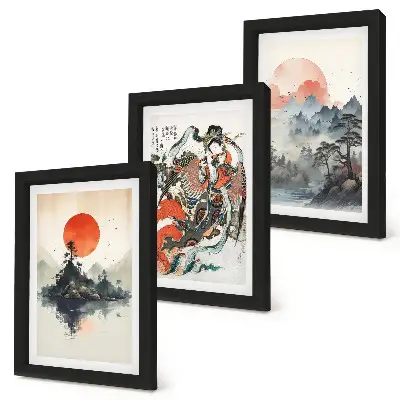 Japandi style Asian landscape and portrait triptych framed wall art set