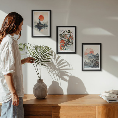 Framed triptych Asian landscape paintings and portraits in the Japandi style