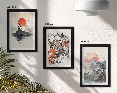 Framed triptych Asian landscape paintings and portraits in the Japandi style