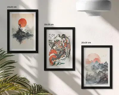 Japandi style Asian landscape and portrait triptych framed wall art set