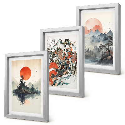 Framed triptych Asian landscape paintings and portraits in the Japandi style