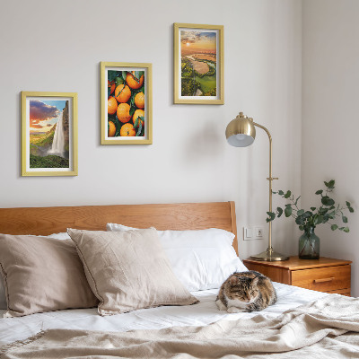 Framed triptych Waterfall Mountain Oranges Italian Landscape with Sunset