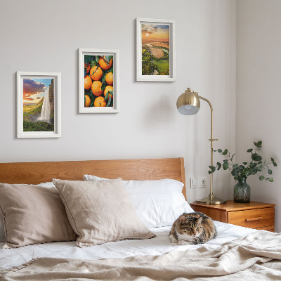 Framed triptych Waterfall Mountain Oranges Italian Landscape with Sunset