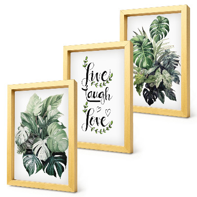 Framed triptych Leafy plants with the words live, laugh, love