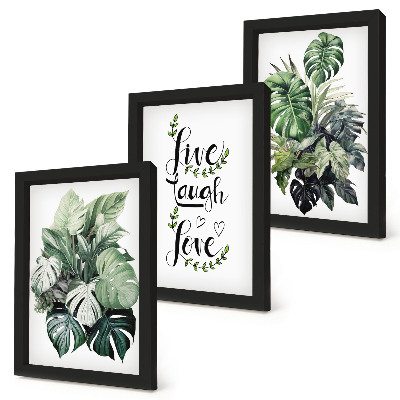 Framed triptych Leafy plants with the words live, laugh, love