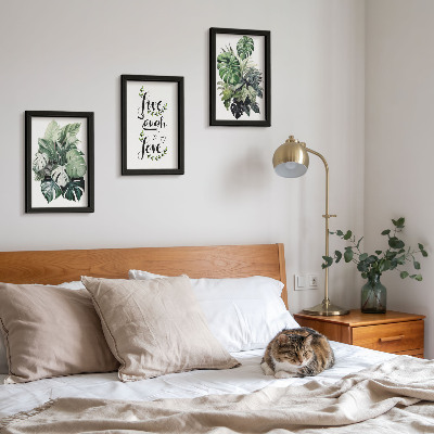 Framed triptych Leafy plants with the words live, laugh, love