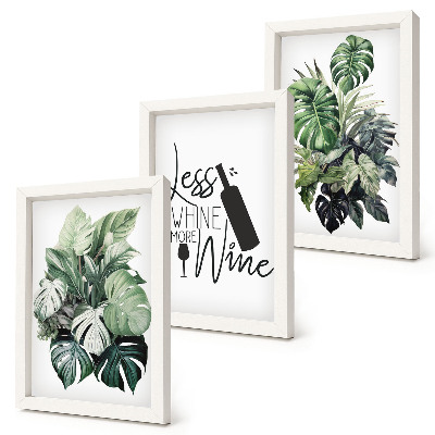 3-piece wall art set Plant leaves in shades of green with the inscription about wine