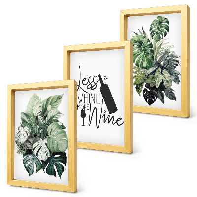 3-piece wall art set Plant leaves in shades of green with the inscription about wine