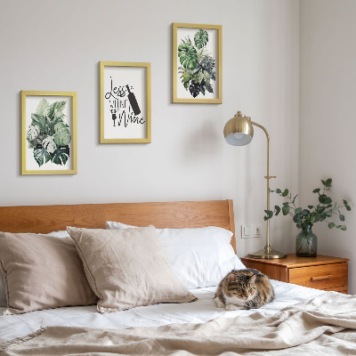 3-piece wall art set Plant leaves in shades of green with the inscription about wine