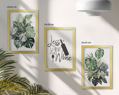 3-piece wall art set Plant leaves in shades of green with the inscription about wine