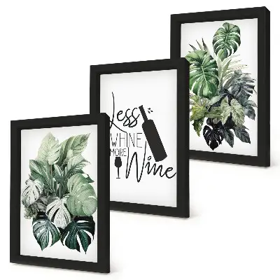 3-piece wall art set featuring green plant leaves and wine-themed inscription
