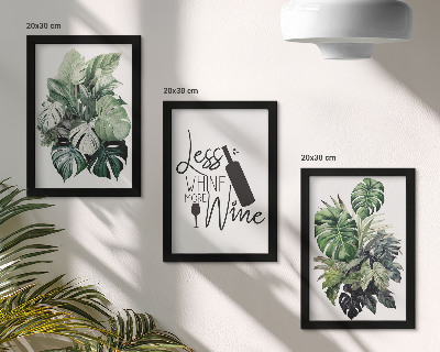 3-piece wall art set Plant leaves in shades of green with the inscription about wine