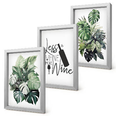 3-piece wall art set Plant leaves in shades of green with the inscription about wine