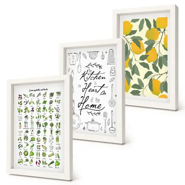 Photo frame wall with herbs list, kitchen sign, and painted lemons