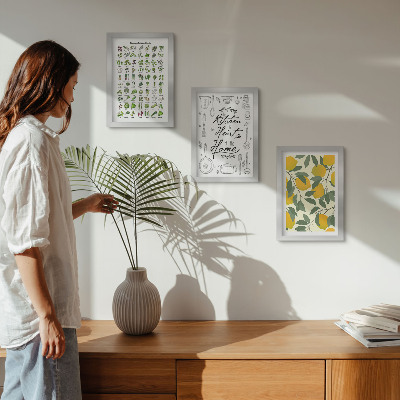 Photo frame wall List of herbs, kitchen sign, and painted lemons