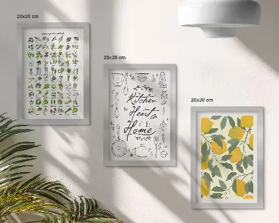 Photo frame wall with herbs list, kitchen sign, and painted lemons