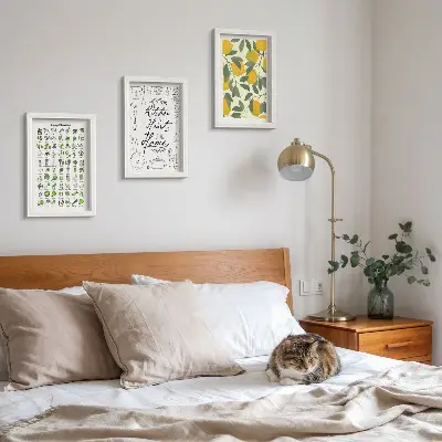 Photo frame wall with herbs list, kitchen sign, and painted lemons