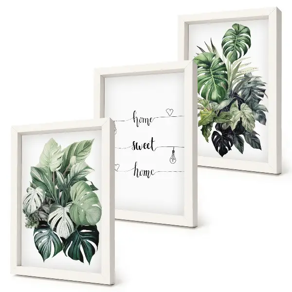 Watercolor Monstera Leaves Home Sweet Home wall art set 3 piece set